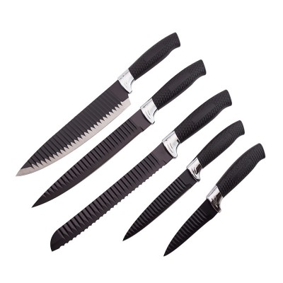 Rubber Handle Knife Set with Black Non-Stick Coating Serrated Blade